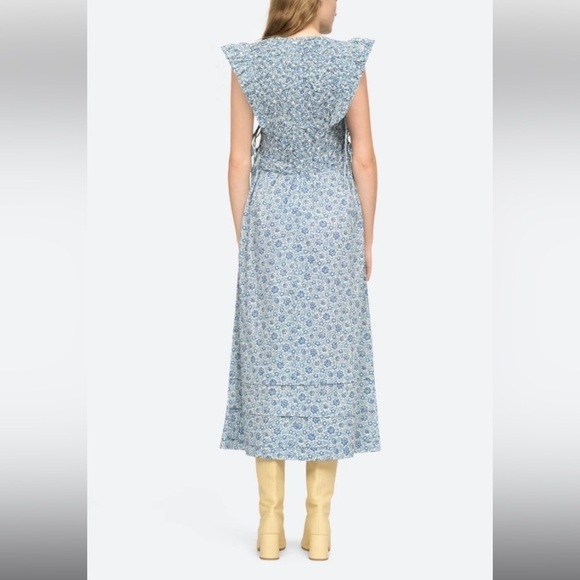 SEA NEW YORK blue floral long dress statement shoulder size small - Picture 2 of 15